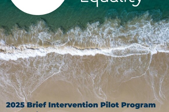 Cover page: Engender Equality logo on an ocean background; title '2025 Brief Intervention Pilot Program Evaluation Report' and date 'April 2026'.