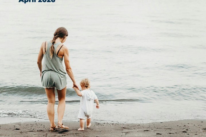 Cover of a report: a mother holding her child’s hand as they walk on a beach; title about delays in family violence services; Engender Equality logo present.