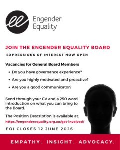 Poster for Engender Equality inviting applicants to join the board, with bold red headline, black text bullets about vacancies, and a dark silhouette of a person on the right; includes the link https://engenderequality.org.au/get-involved/