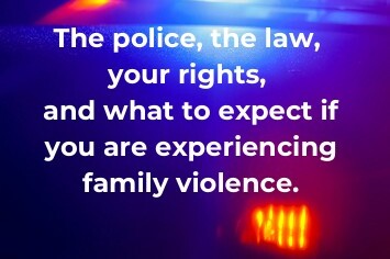 Banner with police lights in blue and purple; white text reads 'Making the Call' and a subtitle about police, the law, your rights, and what to expect if you are experiencing family violence. Engender Equality logo at the bottom.